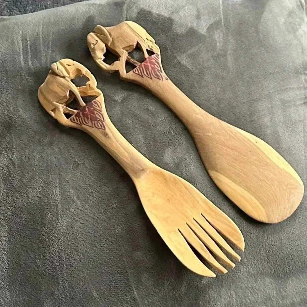 2 for $30 💟💎Vintage Hand carved Elephant Serving Teak Wood Spoon & Fork - Picture 4 of 12